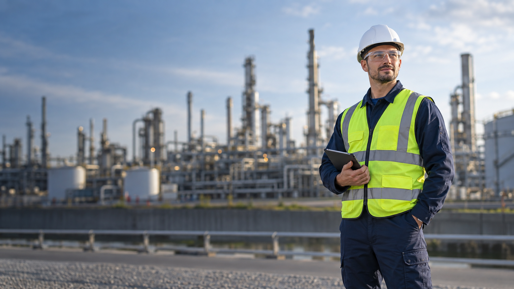 Safety Officer wearing a hard hat and high-visibility vest at a modern industrial facility