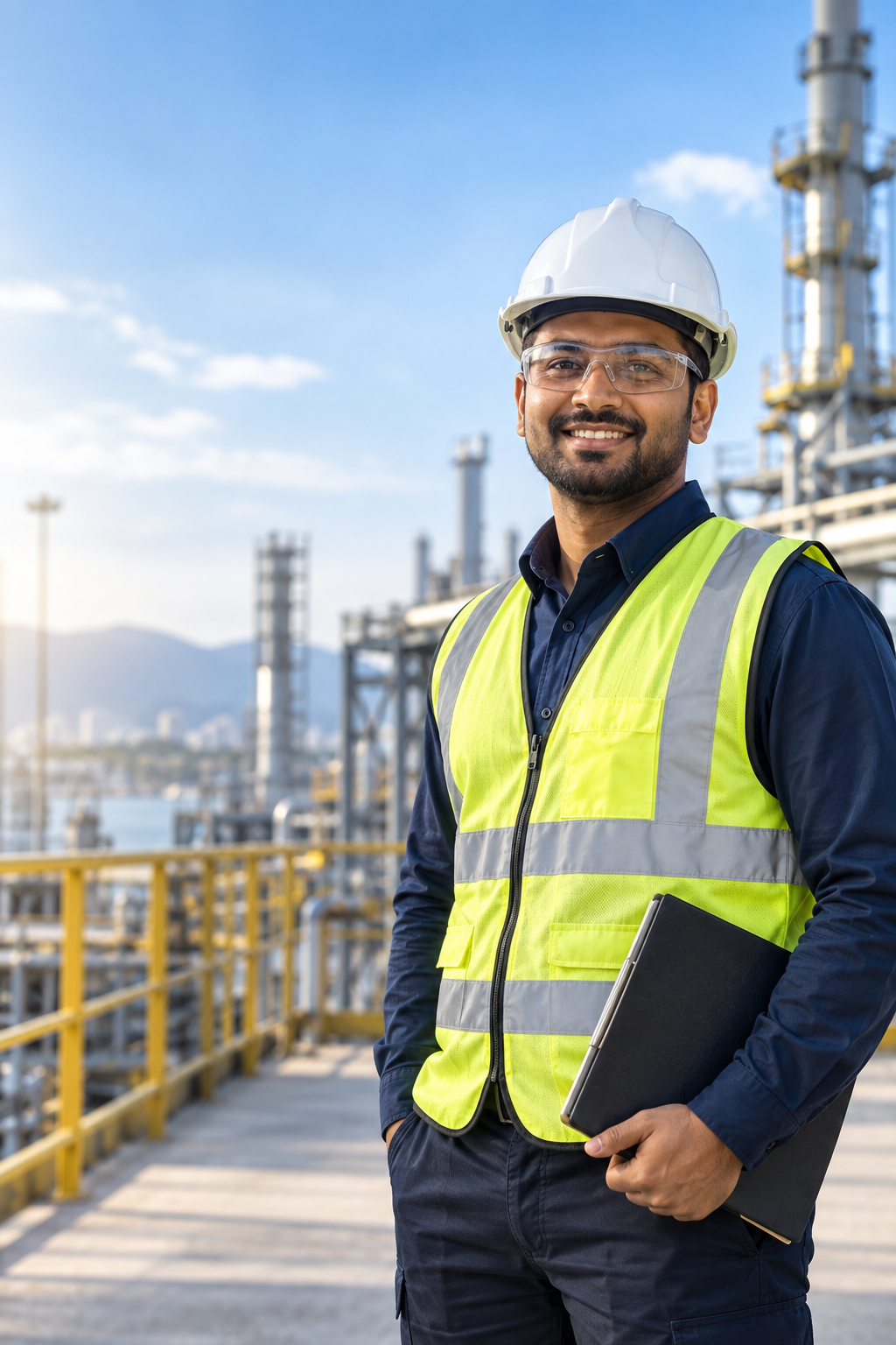 Happy Safety Officer wearing a hard hat and high-visibility vest at a modern industrial facility