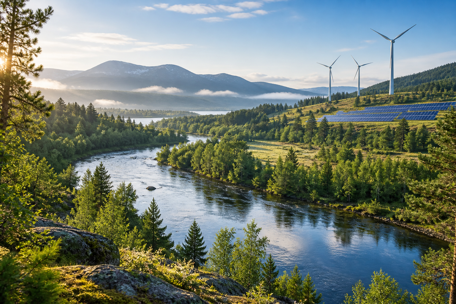 A river winding through a green landscape with wind turbines and solar panels